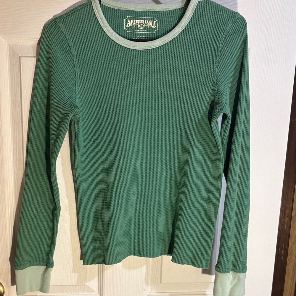 American Eagle Outfitters Green Ribbed Long-Sleeve Thermal Top Medium